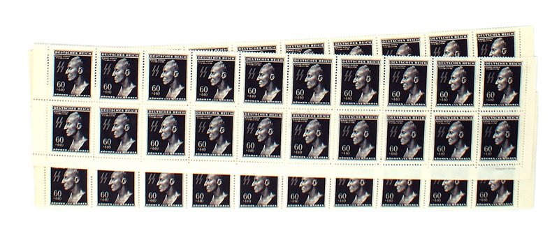 SS GRUPPENFUHRER HEYDRICH stamps: P-9 1944 SS GRUPPENFUHRER HEYDRICH death mask commemorative - sheet of 60. (Known for his brutality, Heydrich died as a result of an assassination attempt. In reprisal the entire Czech village of Lidi