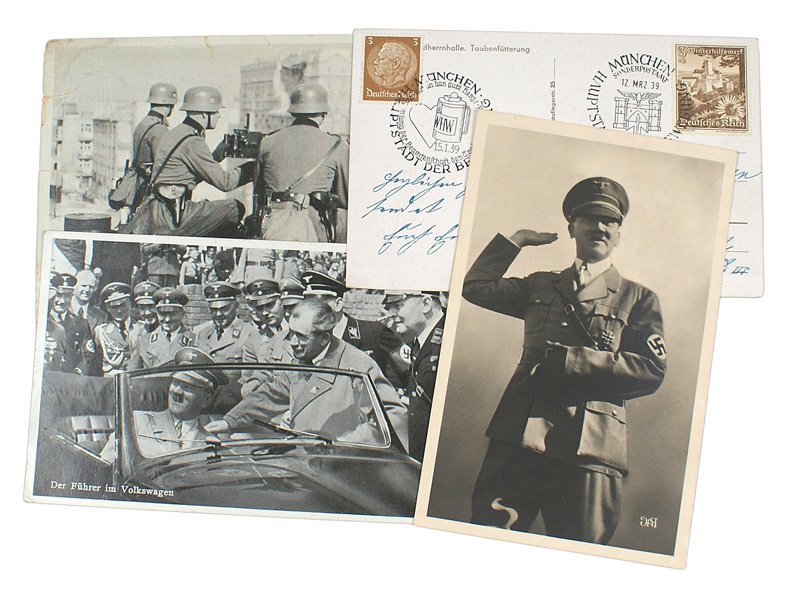 Lot of 4 Third-Reich postcards SS-Police: P-19 Lot of 4 Third-Reich postcards: (1) SS-Police M.G. crew. 1940 - with message. (Some damage on border). (2) Feldherrenhalle - 1939 special cancellation (3) Hitler saluting. "The Fuhrer in Vienna" 