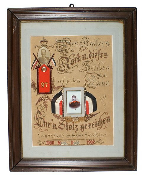 German WWI patriotic commemorative frame: G-16 German WWI patriotic commemorative of military service. Photo portrait of Kaiser Wilhelm II, 97th Infantry regiment shoulderboard and framed CDV of "Musician Diehl 1900-1902". Relief gilt wording