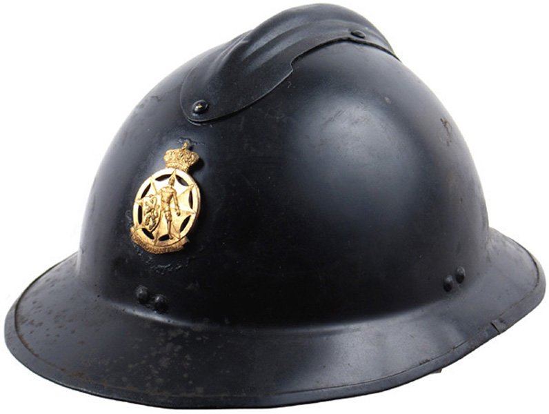 Belgian Police helmet Pre- WWII: E-62 Belgian Police helmet. Pre- WWII. Black finish "Adrian" type. Gold badge affixed to front (crowned circle bearing a knight in armor holding a lion shield with Latin wording "IM PAVIDUM FERIENT RU