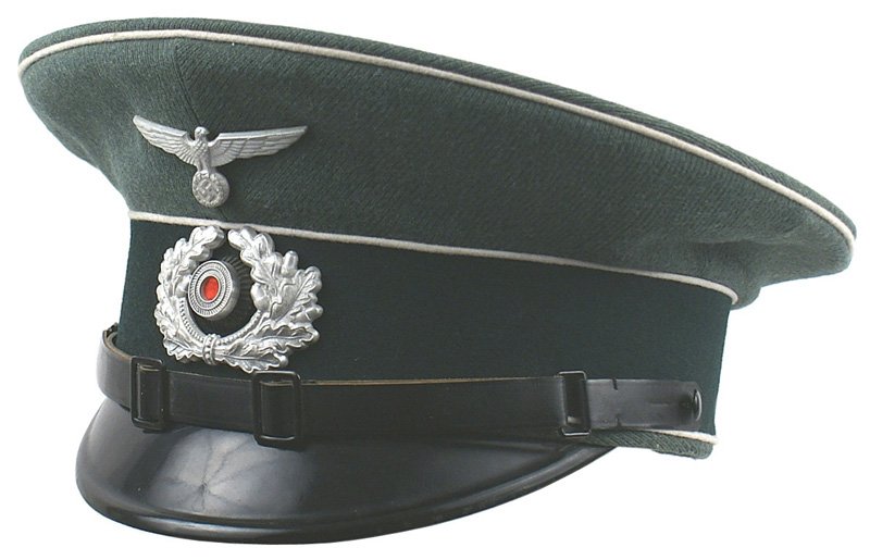 German WWII Infantry custom peaked cap: E-83 German WWII Infantry EM/NCO custom quality peaked cap. Nice shape with a high peak. OD ribbed material with a dark green band - white piped. Silver metal eagle/swastika and wreath/rosette. Leathe