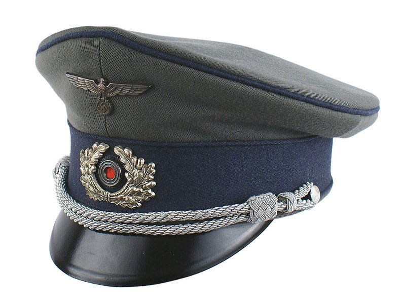 German WWII Beamten officer peaked cap: E-92 German WWII "Beamten" officer peaked cap. Good shape with a high peak. OD ribbed material with a blue gray band and piping. Age toned silver eagle/oak leaf wreath with a center rosette. Silver bu