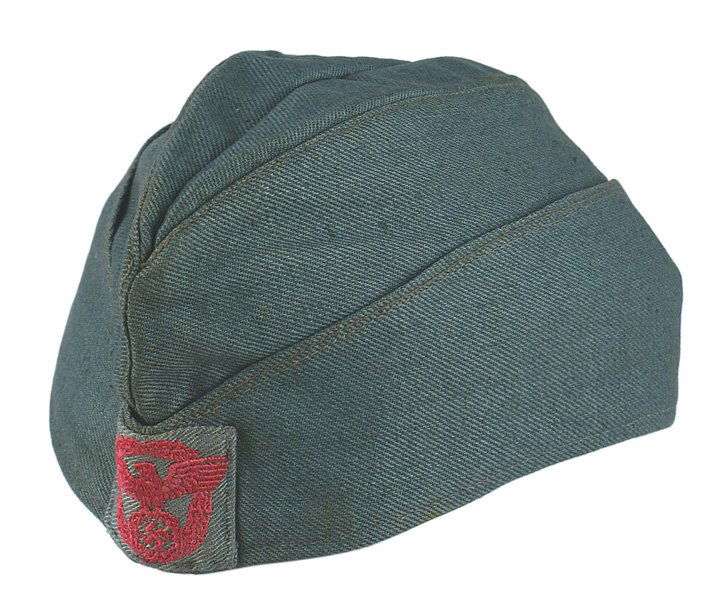 German WWII Fire Police overseas cap: E-98 German WWII Fire Police o'seas cap. Lighter weight green cloth with a machine sewn red embroidered Police eagle/wreath insignia (square backing). Lining marked "RB Nr. 0/0496/0764" and "56". II