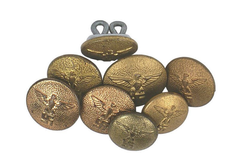 German WWII NSDAP uniform buttons: F-51 Lot of 8 German WWII N.S.D.A.P. uniform buttons. Relief eagle/swastika on a pebbled gilt convex background. II