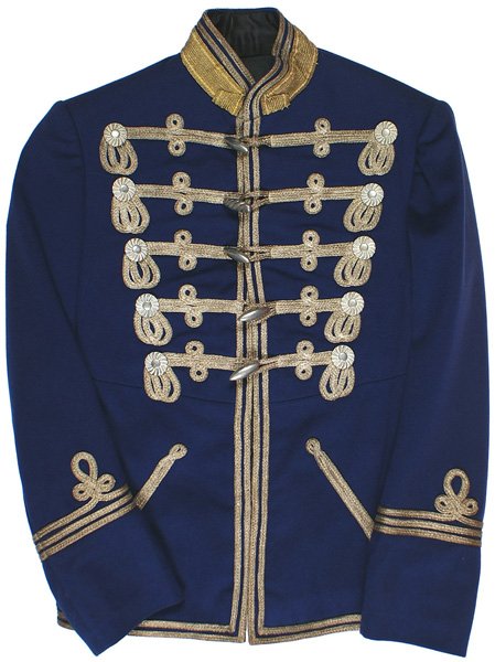 German childs Hussar uniform: F-88 Child's Hussar uniform. Quality material and construction. All silver bullion and buttons are intact. Additional 1 1/8" wide gold bullion tape with folded front corners on collar - possibly indic