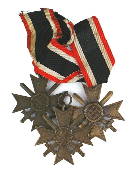 Lot of 3 German WWII War Merit Crosses: B-77 Lot of 3 KvK's (War Merit Crosses) with Swords: 2 with ribbons, one without (ring marked "110" - Otto Zappe in Gablonz). II