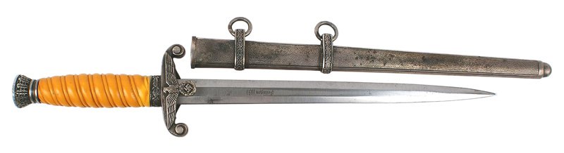 German WWII Army officer dagger: D-5 German WWII Army officer dagger. Light orange grip. Plum patina on silvered oak leaf decorated pommel, ferrule and eagle/swastika crossguard. Clean blade. Maker marked with "B&A" cross logo and "S
