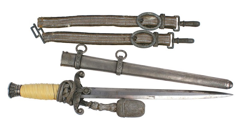 German WWII Army officer dagger: D-9 German WWII Army officer dagger. Patina on the crossguard, pommel and scabbard. White celluloid grip is cracked and was glued. Fairly clean blade with some subdued spotting. Portopee and hangers s