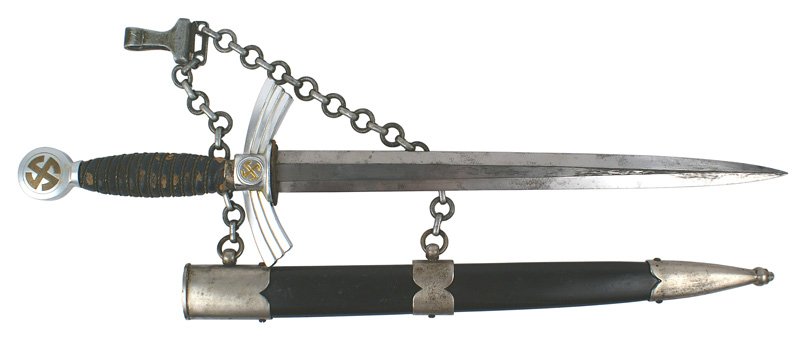 German WWII Luftwaffe 1st Model dagger: D-12 German WWII Luftwaffe 1st Model dagger. Aluminum fittings with a wire wrapped leather grip. Unmarked blade has some gray "fingerprints". Aluminum scabbard fittings in very good condition - leathe