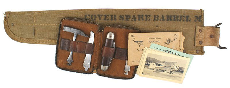 U.S. WWII lot Utica knife aircraft pics etc: D-39 U.S. WWII Miscellaneous lot. (1) Utica Cutlery knife with tool attachments and wallet type carrier. (2) Machete scabbard made from a web spare barrel carrier. With belt hook. (3) "PLANE - PIX" ph