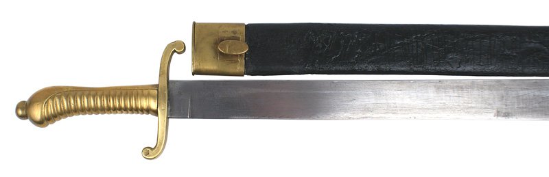 Saxon M1845 Fusilier Faschinenmesser Germany: D-52 Saxon M1845 Fusilier "Faschinenmesser." One piece ribbed brass grip with a round finial on the pommel and an "S" type crossguard (stamped with a crown and "107 R 1.82"). 18 1/2" crown marked bolo