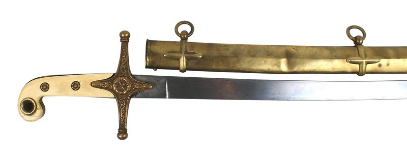 M1831 British officer mameluke sword: D-72 M1831 British officer's "mameluke" type sword. Age-toned off white ivory grips held in place with floral-shaped brass roundels. Straight crossguard/langets with a wreath/sword/telescope and flora