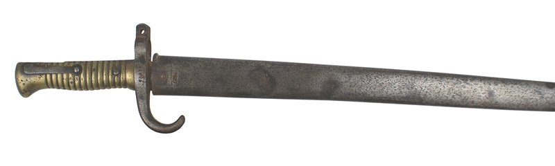 Bavarian Werder M1869 ersatz bayonet: D-77 Bavarian Werder M1869 "ersatz" bayonet. Modified ribbed brass grip. Muzzle ring screw is missing. 18 1/2" blade is marked with "AC" and scales logo of Alexander Coppel - Solingen. Well worn and p