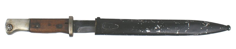 German K98 Mauser between the wars bayonet: D-80 German K98 Mauser "between the wars" bayonet. Wood grips with clean steel fittings. 9 7/8" clean blade with bluing in the fuller. Marked "9624b". Reverse is marked "J.Sch." Mismatched scabbard wh