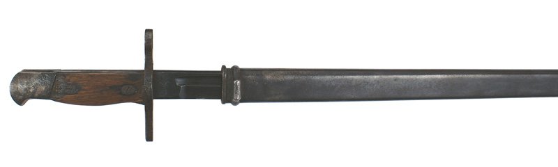 Japanese Arisaka M1897 bayonet: D-91 Japanese Arisaka M1897 bayonet - but no hooked quillon. Pitting on the pommel and crossguard. About 100% blue on the cosmoline covered blade. Nagoya Arsenal stamping and an unknown mark (appears 