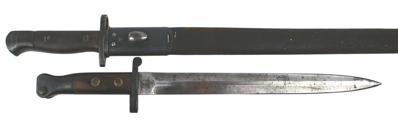 Lot of 2 British bayonets M1888 M1907 Enfield: D-98 Lot of 2 British bayonets: (1) M1888 with proper markings and name of maker "SANDERSON" on the 11 7/8" blade. Gray with dark spotting and light pitting near tip. (2) M1907 Enfield. Much finish le