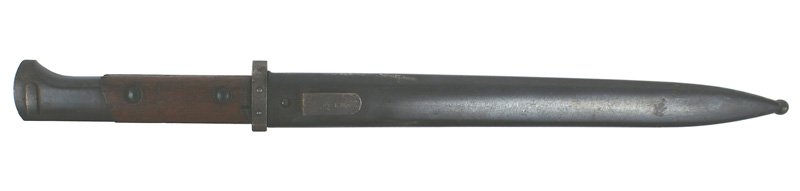 Czech VZ 24 bayonet: D-99 Czech VZ 24 bayonet. Blued pommel, fittings and scabbard. Wood grips. 11 3/4" reversed cutting-edge parkerized blade - marked "CSZ" over "Z". Frog hook marked with Czech hallmarks and "CSZ". I