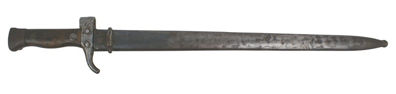 French M1892 knife bayonet: D-102 French M1892 knife bayonet. Second type with a shortened hooked guard and a "step back" muzzle ring. 15 5/8" clean blade. Serial number on crossguard. Darkened gray steel scabbard. About II