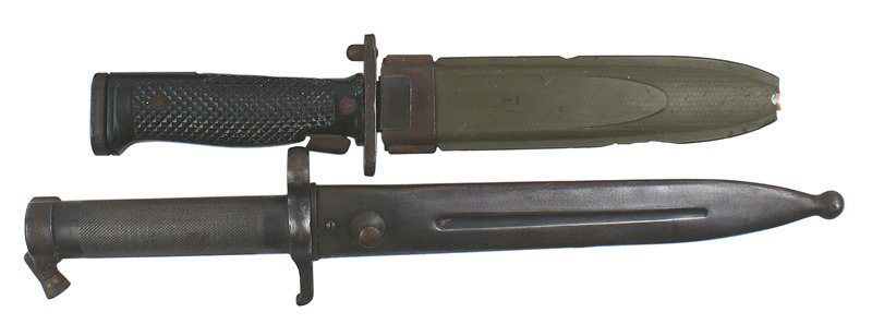 Lot of 2 bayonets Swedish US M5-1: D-110 Lot of 2 bayonets: (1) Swedish M1896 Mauser. Round steel grip and fittings. Clean 8 1/4" blade marked with a crowned anchor and "EJEAB". Some rust spots on reverse of scabbard. (2) US M5-1. Chec