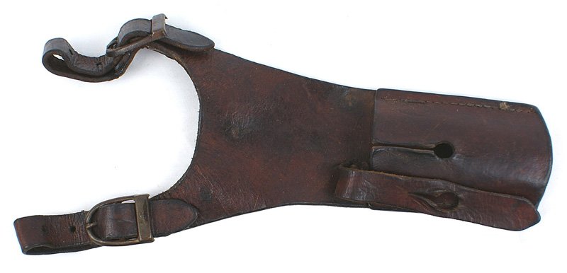 French type leather sword-bayonet frog: D-115 French type leather sword-bayonet frog. Double adjustable belt loop hangers. Slotted holder - will accommodate a scabbard with a stud. Also with a fold-over retaining strap. Circa 1900-1925. Abo