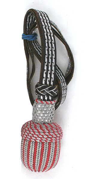 Third-Reich Fire Department portopee: D-118 Third-Reich Fire Department sidearm/sword portopee. Silver wire on leather strap with a silver/carmen cord "acorn". I