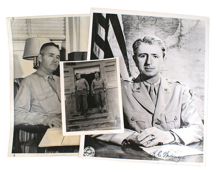 Lot 3 signed photos U.S. WWII Generals: S-2 Lot of 3 signed photos of American WWII Generals: (1) 1944 photo with a post war signature of Omar Bradley. (2) 9 7/8" x 8" Signal Corps photo of Gen. Albert C. Weddmeyer - 3 stars and a CBI patch