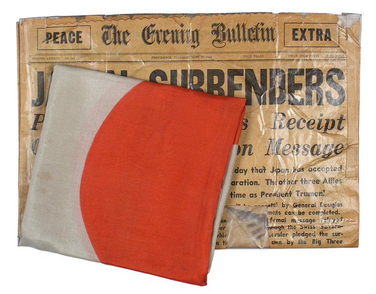 Japanese WWII silk meatball flag: H-169 Japanese WWII silk "meatball" flag. 26 1/2" x 36 1/2". (Museum I.D. tag states that the flag was acquired on Tarawa in the Gilbert Islands.) With an August 14,1945 newspaper - headline reads "JA