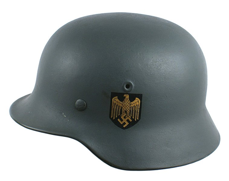 Original German WWII M1940 helmet - repainted: H-235 Original M1940 helmet - repainted to field gray with a reproduction gold Navy eagle decal. Original tan leather liner. Reproduction chin strap. II+