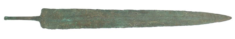 Luristan spearhead Circa 1000 BC: R-002 Luristan spearhead. 13 5/8" double edged blade ("chewed" edges) with a high flattened center ridge. 3" squared off tang. Green patina. Excavated. Circa 1000 B.C. II