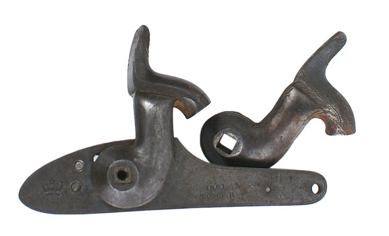 Civil War Enfield rifle percussion lock hammer: M-025 Civil War Enfield rifle percussion lock/hammer. Marked with a crown and "1861 TOWER". Also with an extra hammer (shows some use).II