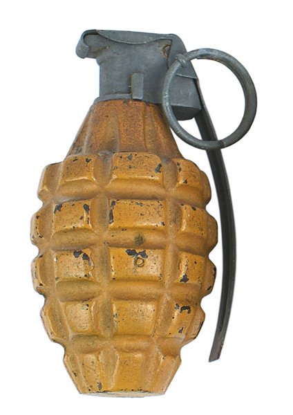 U.S. WWII MK-2 fragmentation grenade: M-082 U.S. WWII MK-2 fragmentation grenade. Complete. Painted yellow-a practice ended in 1942. II
