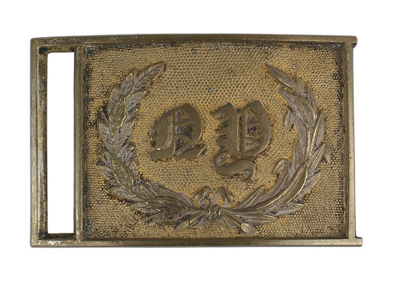Silver script Civil War NY buckle: K-087 Silver script "NY" and relief wreath on stippled gilt brass field. Belt slot on side and wide tongue on reverse. Circa 1850. II