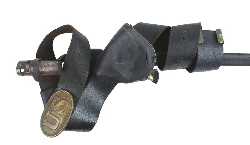 Civil War EM black leather belt/accessories: K-120 Civil War EM black leather belt/accessories - cap box shows some use and age as does the bayonet scabbard. Darkened blade has a hallmark "US". "US" buckle. About II