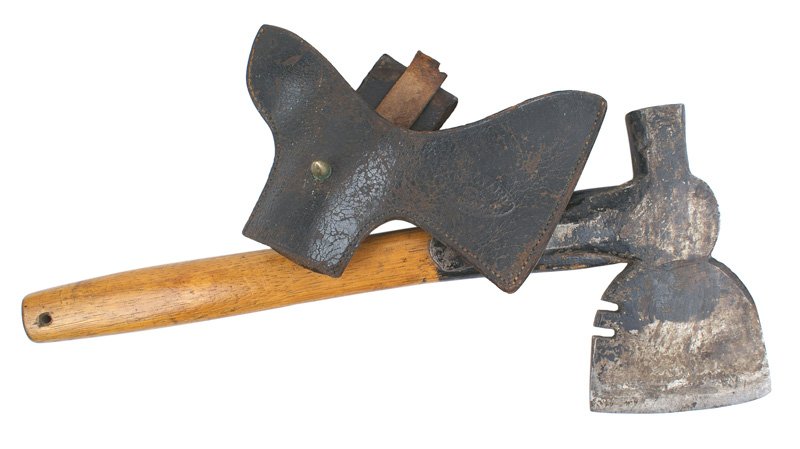 Civil War Navy boarding axe: K-137 Civil War Navy boarding axe. 6 3/4" x 4" axe head marked "US NAVY". Two nail pulling slots in blade. 16" wood handle. Black leather belt axe holder is marked "NAVY YARD - N.Y. - 1864" - with bel