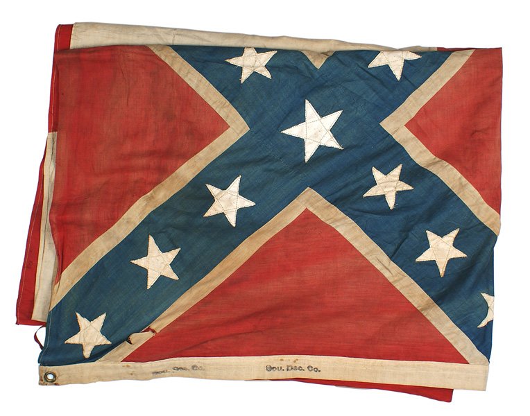 Confederate 3rd National canton flag: K-178 Confederate Third National-type 34" x 34" canton consisting of the "Stars and Bars". Irregular white stars are machine sewn to the blue panels with white borders - on a red field. Positioned in 