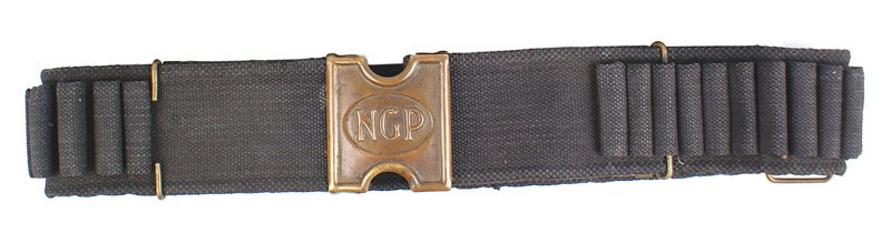Spanish American War period cartridge belt: K-267 Spanish American War period woven cartridge belt with a "NGP" (National Guard Pennsylvania) brass "H" buckle. Last patent date on belt "94". Reverse stenciled "5th BAND". Attached square brass l