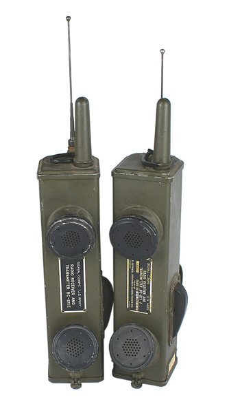 Pair of U.S. WWII SCR-536 Handie-talkies: N-079 Pair of U.S. WWII SCR-536 "Handie-talkies". Squared rectangular shape with an ear and speaker receptacle. Retractable antenna. Metal tag with "SIGNAL CORPS U.S. ARMY RADIO RECEIVER AND TRANSMITT
