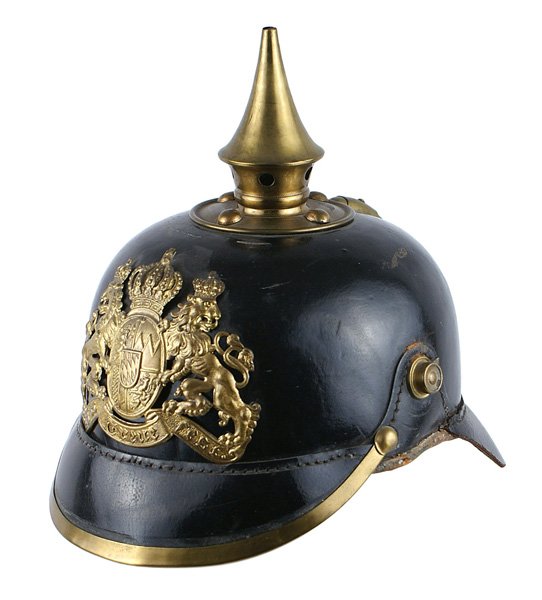Imperial German Bavarian EM spike helmet: E-007 Imperial German Bavarian EM helmet. Solid patent leather body and visors. Brass state coat-of-arms front plate, visor trim, spine and spike (tip flattened)/base. Missing chinstrap. II