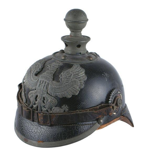 Imperial German Prussian Artillery EM helmet: E-010 Imperial German Prussian Artillery EM helmet. Solid black leather body. Both visors show some age lined "creasing". Gray metal eagle front plate, visor trim, spine and round ball top/base. Both 