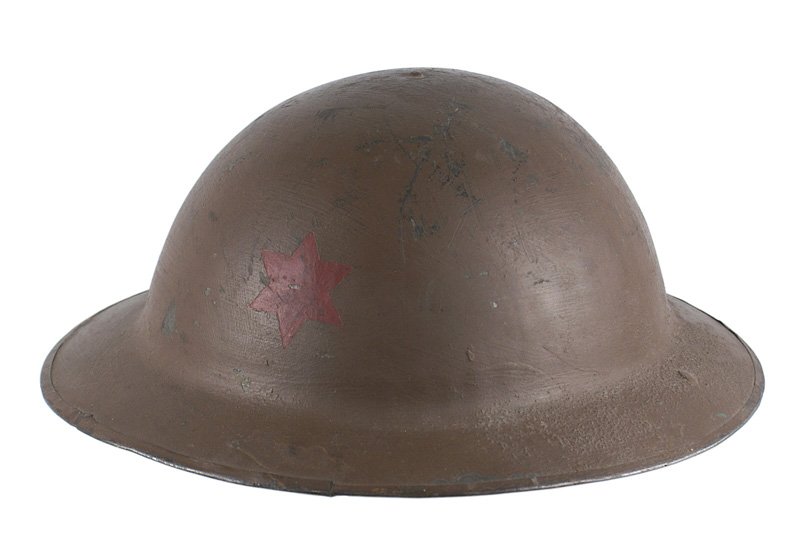 U.S. WWI doughboy 6th Division painted helmet: E-059 U.S. WWI "doughboy" 6th Division "painted" helmet. O.D. smooth finish with a 6 pointed red star on the front. Leather chinstrap and liner. II