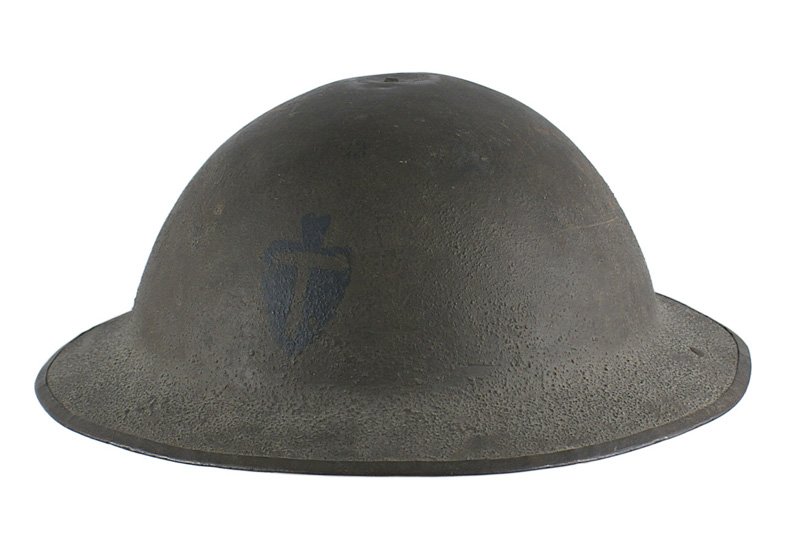 U.S. WWI doughboy 36th Division painted helmet: E-067 U.S. WWI "doughboy" 36th Division "painted" helmet. O.D. sand finish with a "T" on a downturned arrowhead on the front. Leather chinstrap and liner show some wear. II