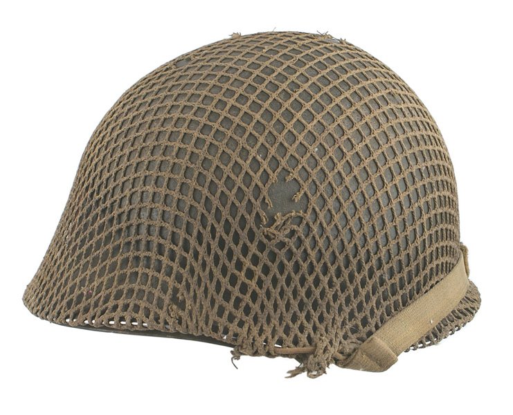 U.S. WWII M1 Army fixed bale helmet camo net: E-085 U.S. WWII M1 Army fixed bale helmet with an "invasion" camouflage net. 34th Division emblem (red steer skull on a black shield) painted on front. Fiber liner with all straps and chinstrap. Overa