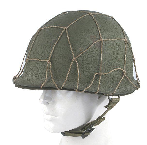 U.S. WWII M1 helmet swivel bale camo net: E-093 U.S. WWII M1 helmet - swivel bale helmet with a cord camouflage net. Fiber liner (dated "44"), all straps and chinstrap. II+