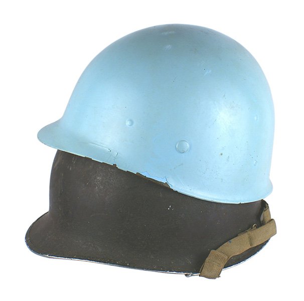Lot U.S. WWII helmet Korean War liner: E-099 Lot of 2: (1) U.S. WWII swivel bale with chin strap and liner. (2) Korean War period helmet liner. With chin strap. Blue painted finish. II