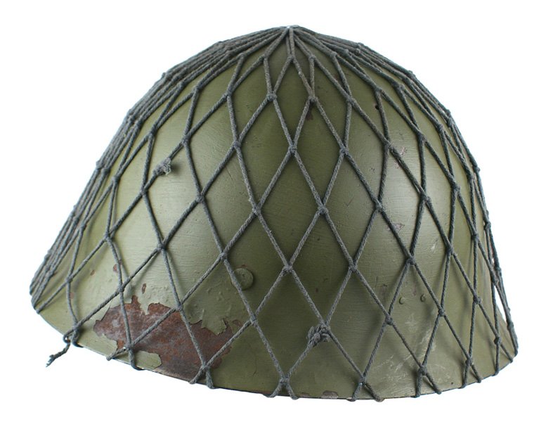 Japanese WWII Marine helmet: E-120 Japanese WWII Marine helmet. Repainted green finish with an anchor/mum insignia affixed to front. Some paint chipped on back and side but retains 80% of the finish. With chinstraps and liner. II