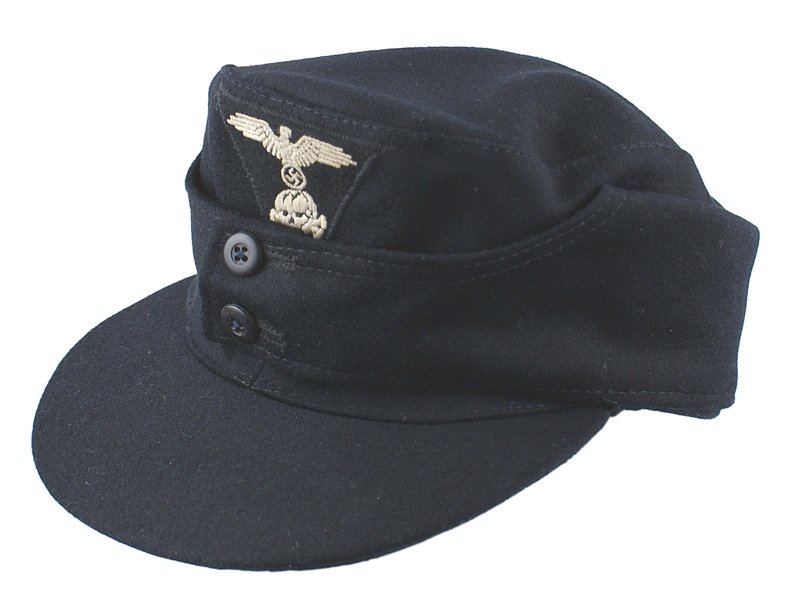German WWII SS Panzer M1943 cap: E-164 German WWII SS - Panzer black M1943 cap. Two bakelite buttons on front. Silver-gray relief embroidered eagle/swastika and "totenkopf" on a black trapezoid. Gray silk-like lining is marked "SS BW