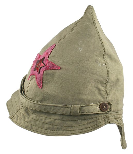 Soviet summer OD field cap: E-251 Soviet summer O.D. field cap. Old copy of the Civil War period pointed field cap with an enameled Soviet Star attached to the center of a large cloth red star. Cloth chinstrap and neck flap. Whi