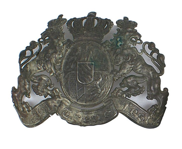 Imperial Bavarian EM pickelhaube helmet plate: E-280 Imperial German Bavarian EM "pickelhaube" helmet plate. Crowned, state coat-of-arms. Shows some age. About II