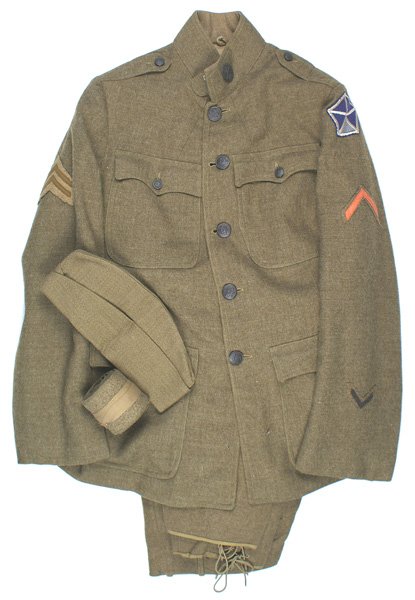 U.S. WWI 5th Corps 52nd Pioneer uniform: F-055 U.S. WWI 5th Corps, 52nd Pioneer Headquarters uniform: (1) Wool O.D. four-pocket, stand-up collar. Has both collar discs - "U.S." and "52 - P - HQ"/crossed rifles. Corps "patch" - white bordered