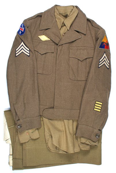 U.S. WWII Armor lot Ike jacket shirt trousers: F-085 U.S. WWII Armor lot: (1) "Ike" jacket with Armor and US Pacific shoulder patches, Sergeant chevrons, "Ruptured Duck" and 4 o'seas bars. (2) Matching shirt with Armor shoulder patch. (3) Trousers